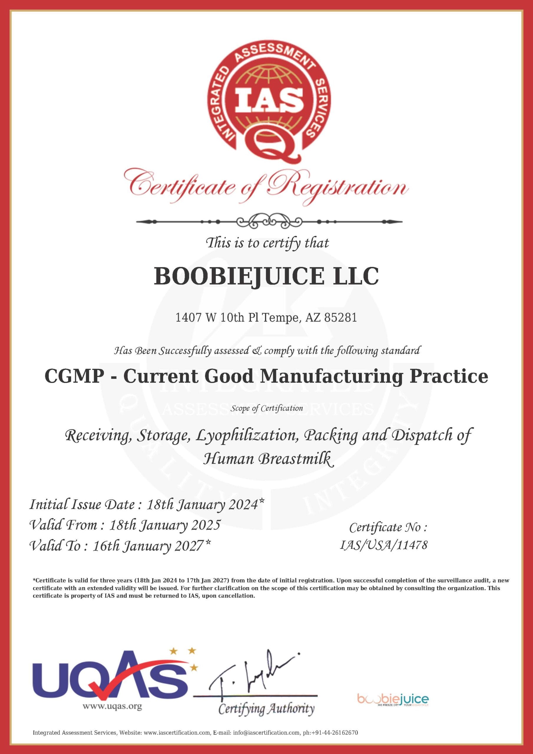 CGMP CERTIFICATE by IAS certificate #IAS/USA/11478 | BoobieJuice